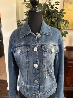 Embellished Light Blue Denim Jacket with Pearl Accents